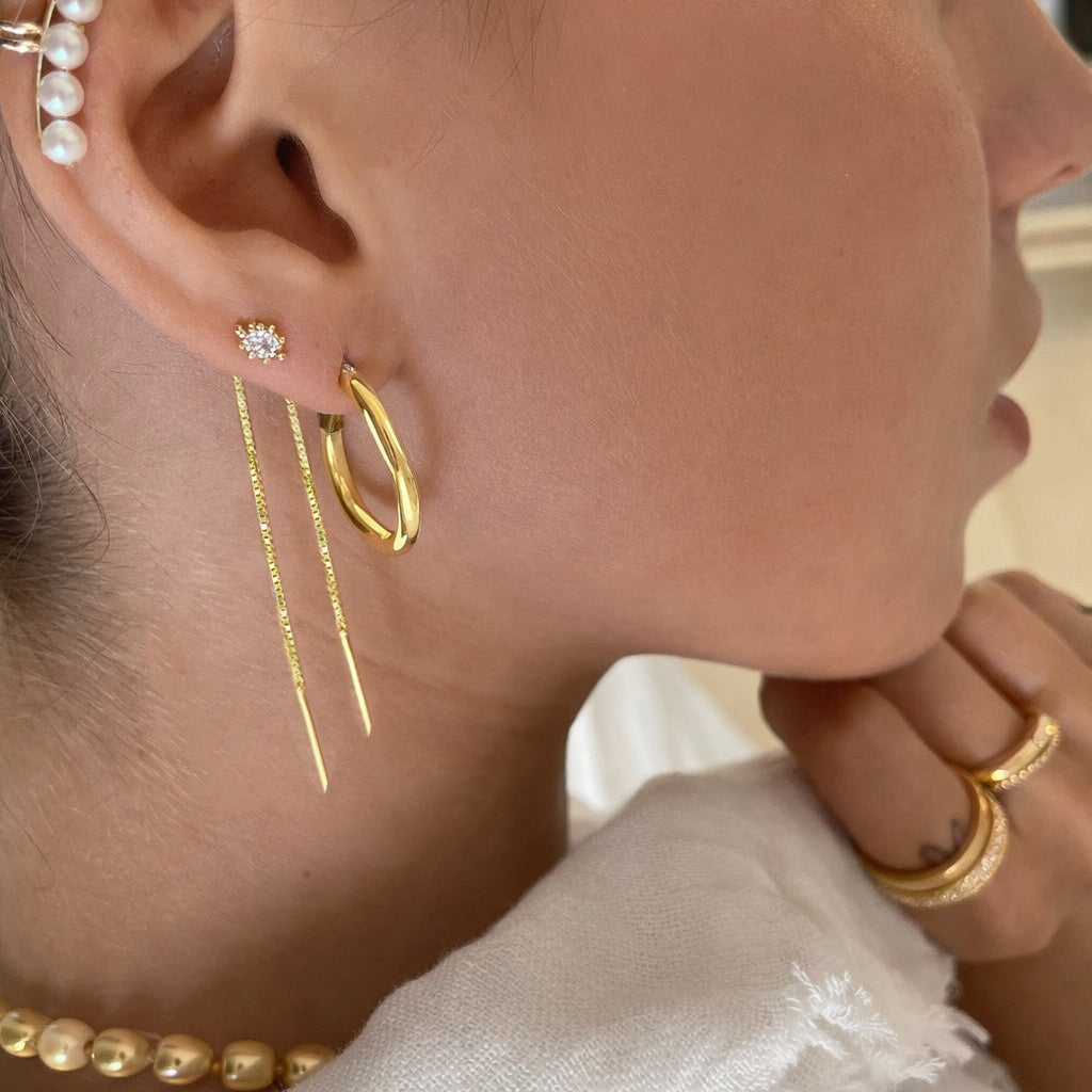 עגיל שרשרת זירקון לשני חורים זהב 14 קארט - קרני