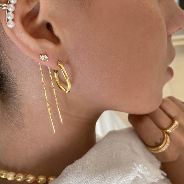 עגיל שרשרת זירקון לשני חורים זהב 14 קארט - קרני