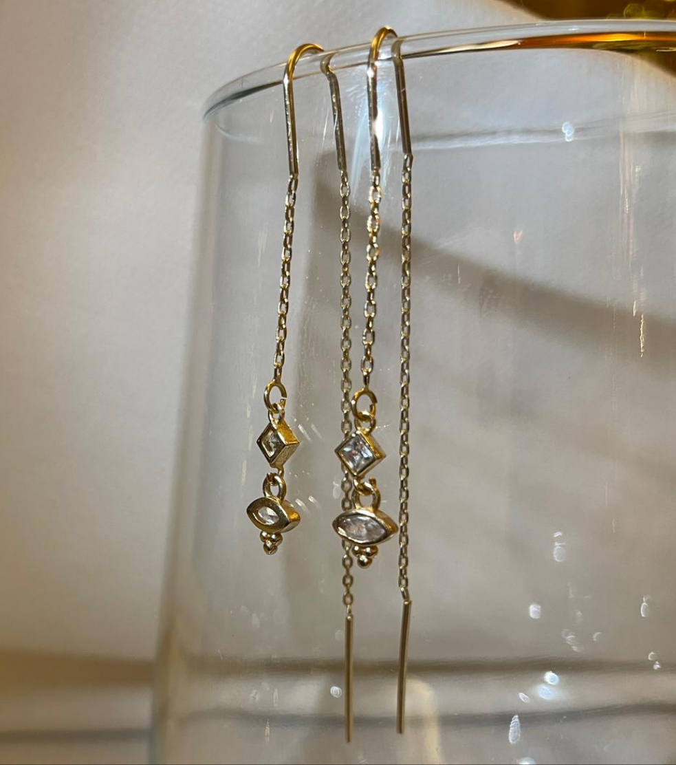 עגילי שרשרת  זהב זירקונים - טייה