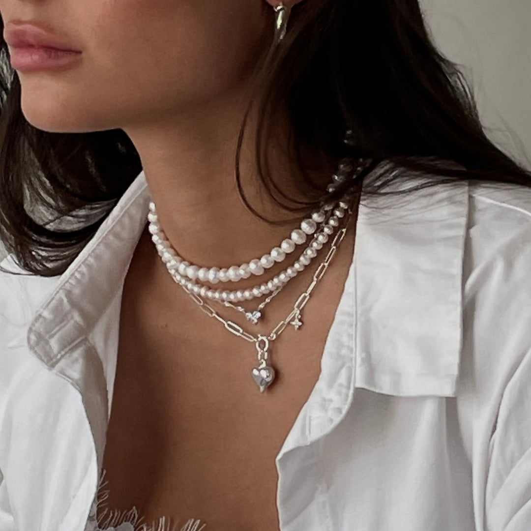 שרשרת סיכות כסף תליון לב  - נואר