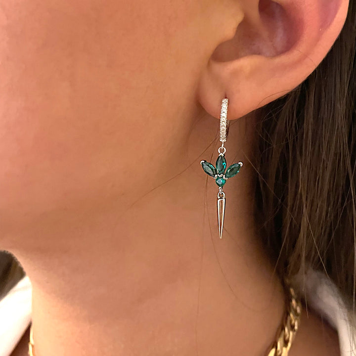 עגילי חישוק כסף תליון לוטוס ירוק - דרו