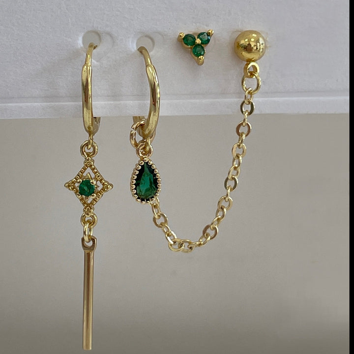 עגילי חישוק מעויין זירקון ירוק - אמרלד