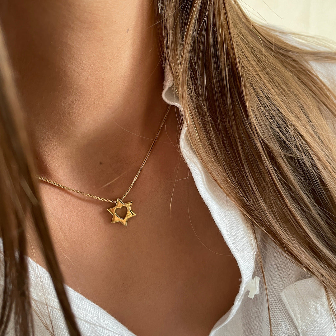 שרשרת זהב 14 קארט תליון מגן דוד לב -אור