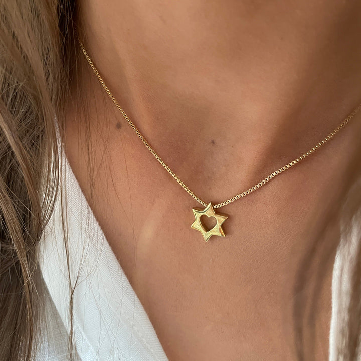 שרשרת זהב 14 קארט תליון מגן דוד לב -אור