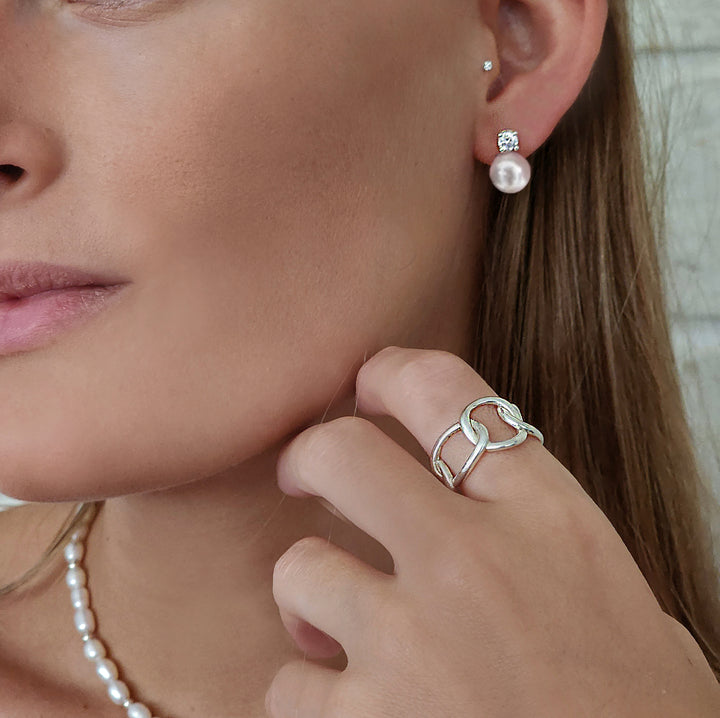 עגילי פנינה צמודים זהב - פני