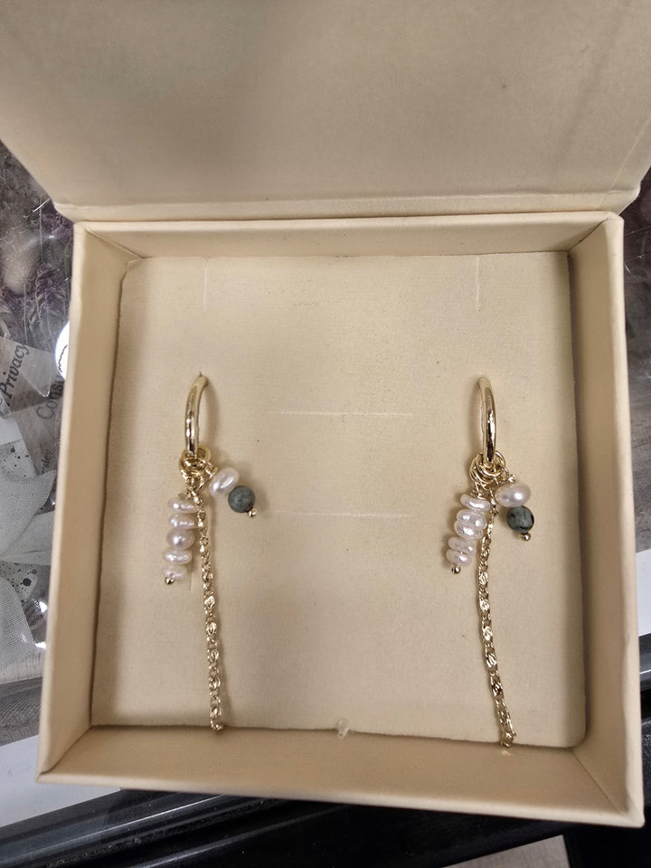 עגילי חישוק אבני חן טורקיז פנינים - ג'ייד