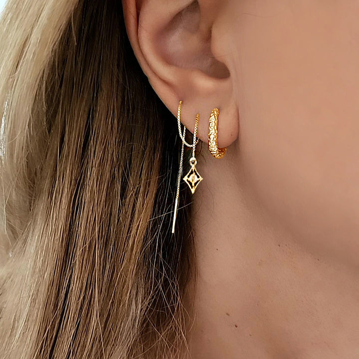 עגילי שרשרת זהב תליון מעויין  - אווה