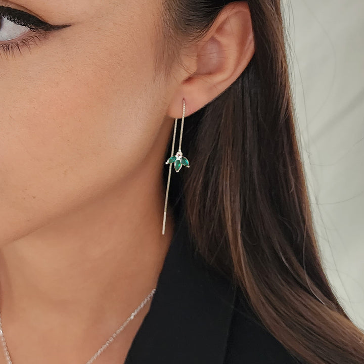 עגילי שרשרת כסף לוטוס זירקון ירוק - רייצל