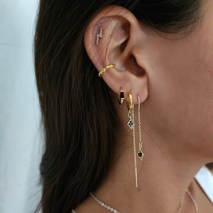 עגילי שרשרת זהב תליון מעויין זירקון שחור  - אווה