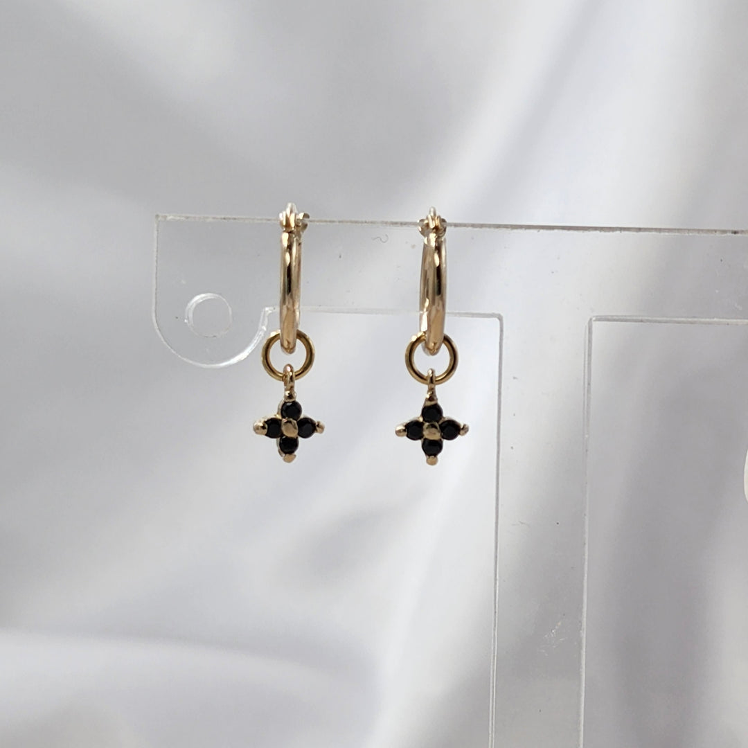 עגילי חישוק זהב 14 קארט זירקון שחור - לורה