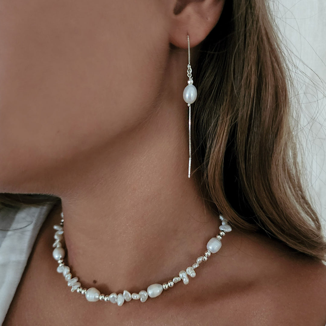 עגילי שרשרת כסף פנינה  - לטי