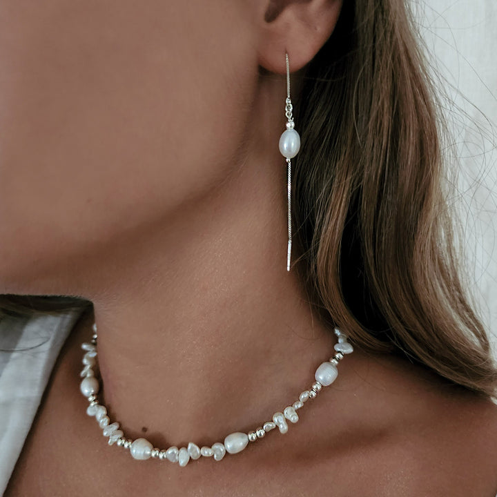 עגילי שרשרת כסף פנינה  - לטי