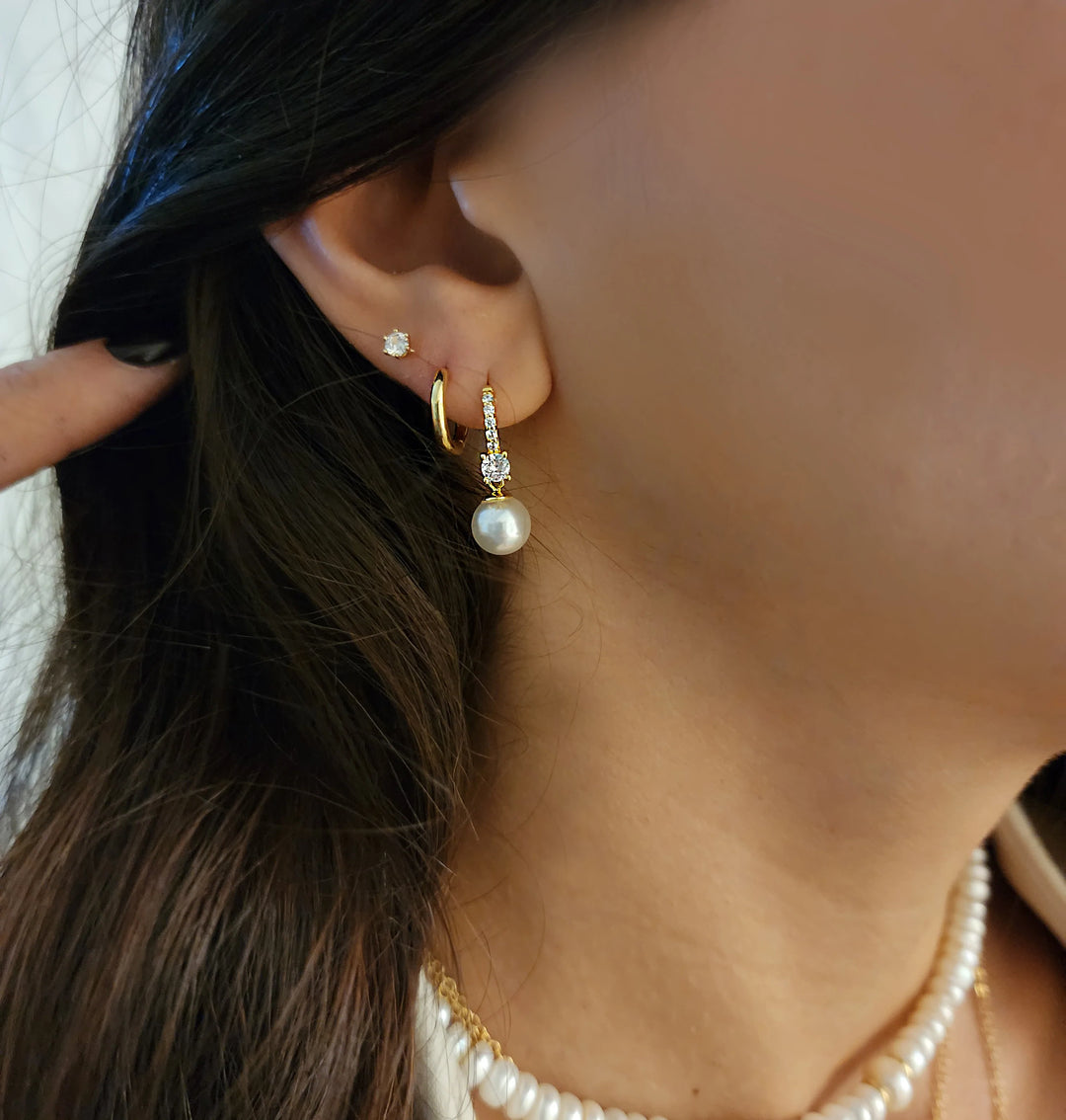 עגילי חישוק זהב פנינה - בריג'יט