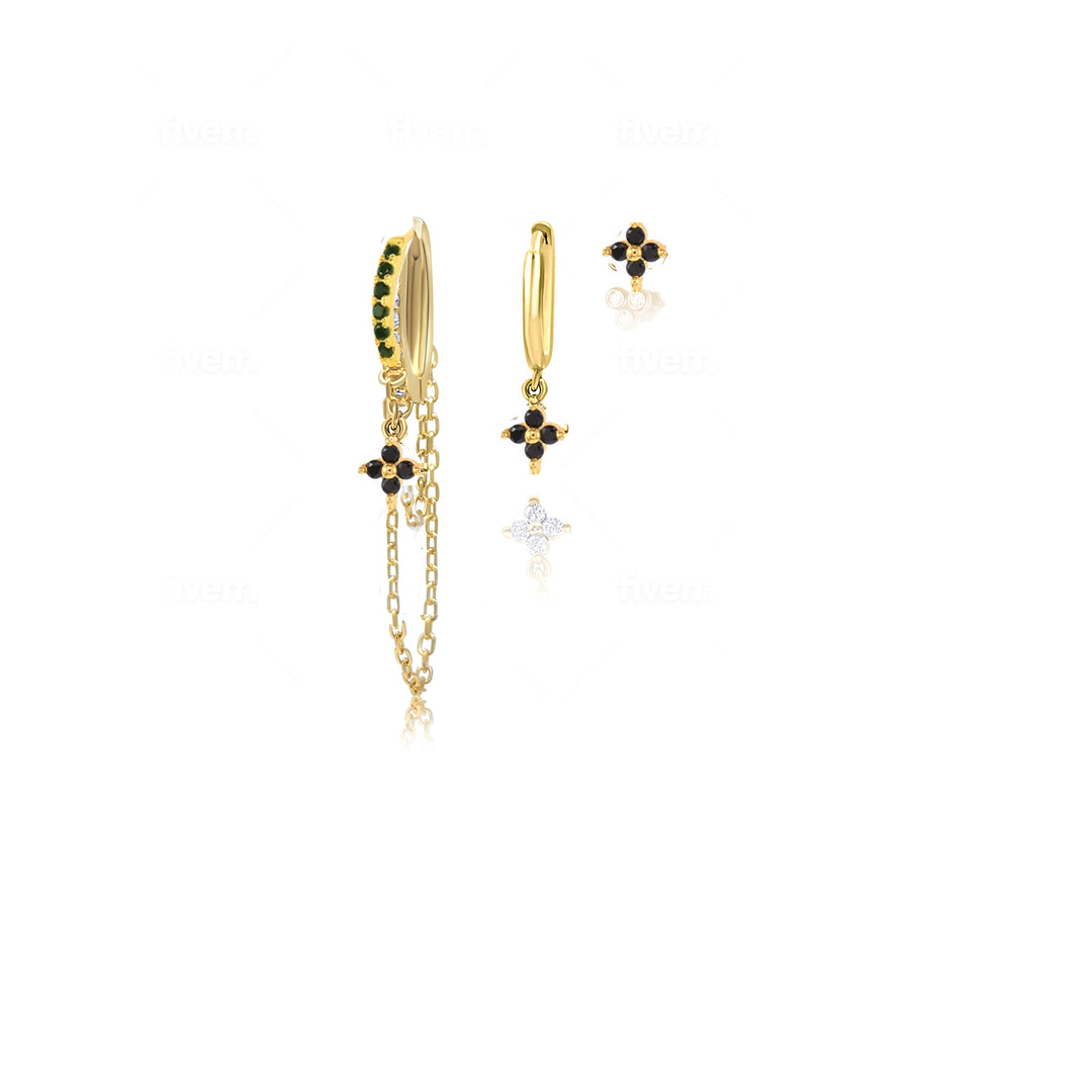 סט עגילי זהב זירקון שחור - טלין