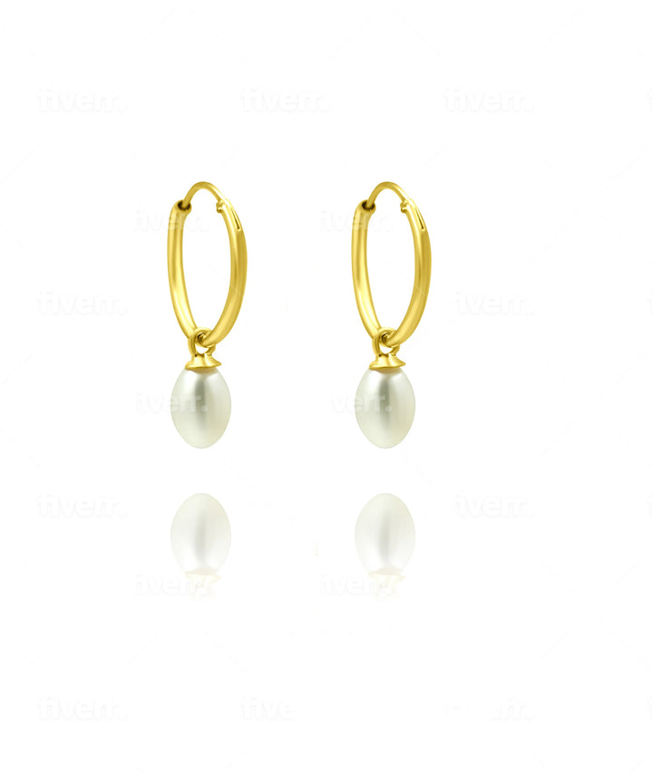 עגילי חישוק זהב 14 קארט ופנינה - בר